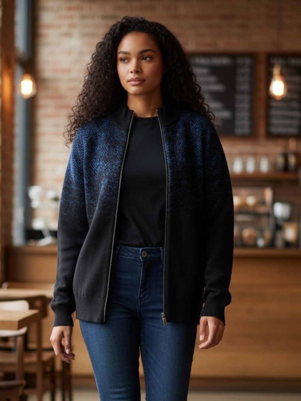 I.N.C Concept Women's Black to Navy Ombre Zip-Front Jacket